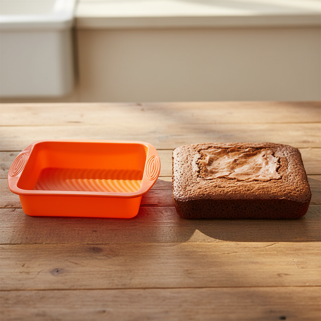 Moule Carré Silicone avec brownie sur table bois