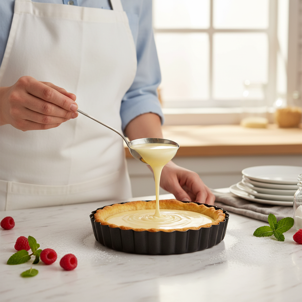 Pâtissière garnissant une tarte dans Moule à tarte professionnel 
