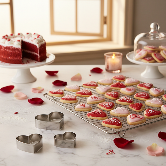 Ambiance Saint-Valentin avec emporte piece coeur acier inoxydable et biscuits romantiques