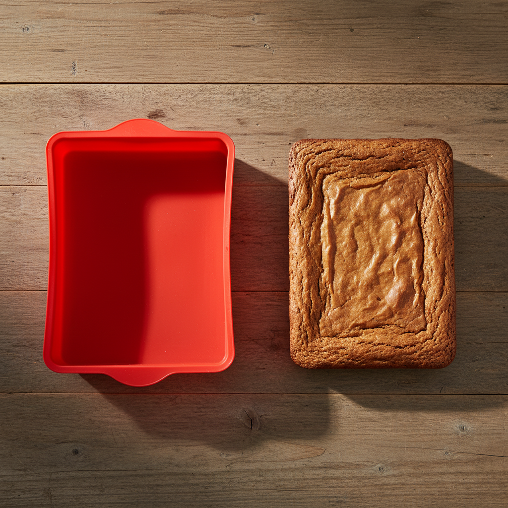 Moule en Silicone Rectangle avec brownie démoulé sur table bois 