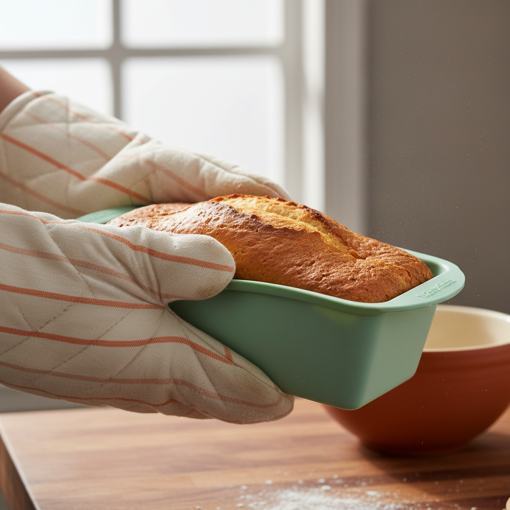 Mains tenant Moule à brioche rectangulaire avec brioche cuite 