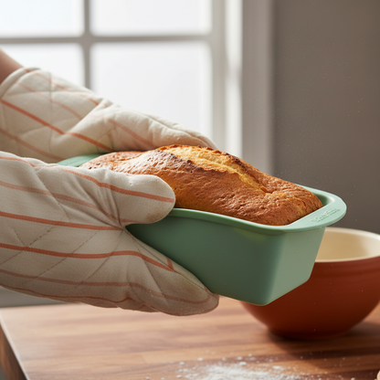 Mains tenant Moule à brioche rectangulaire avec brioche cuite 