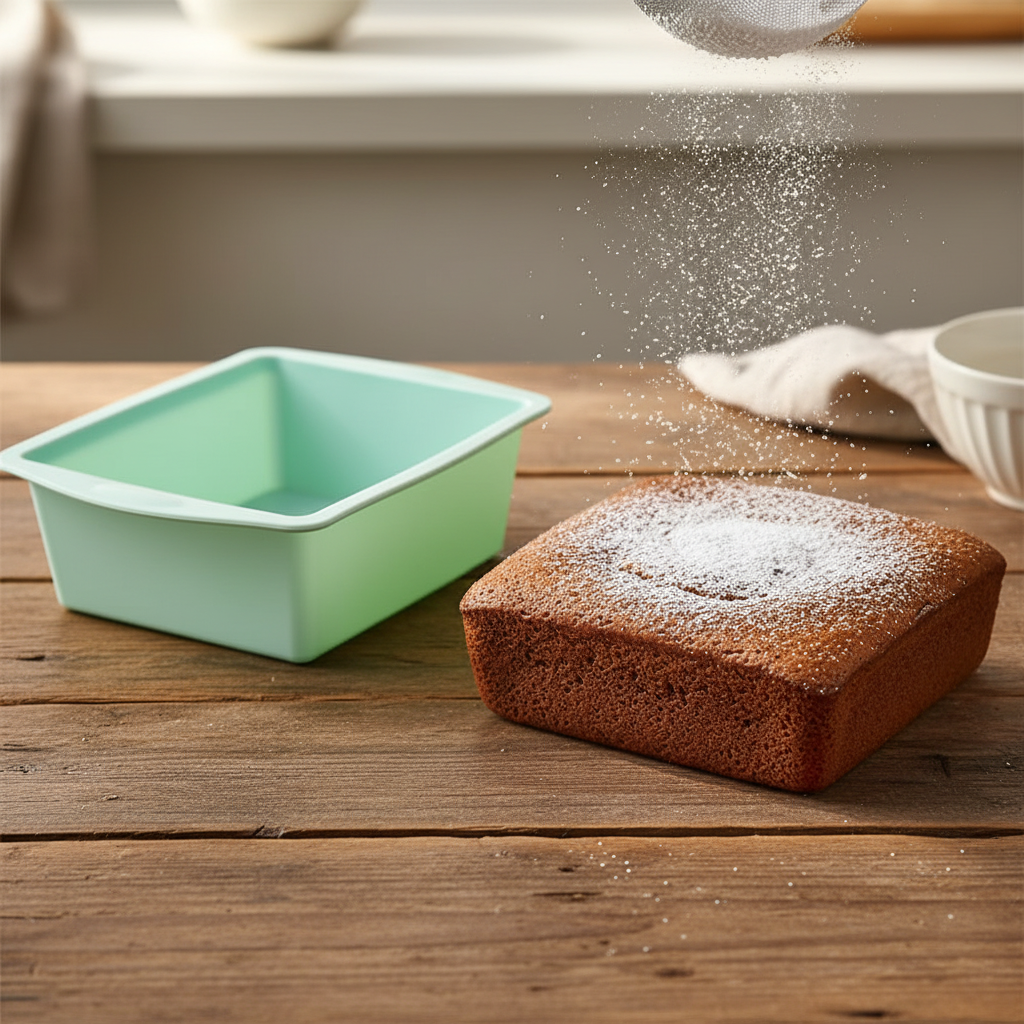 Moule Silicone Carré avec brownie sur table bois