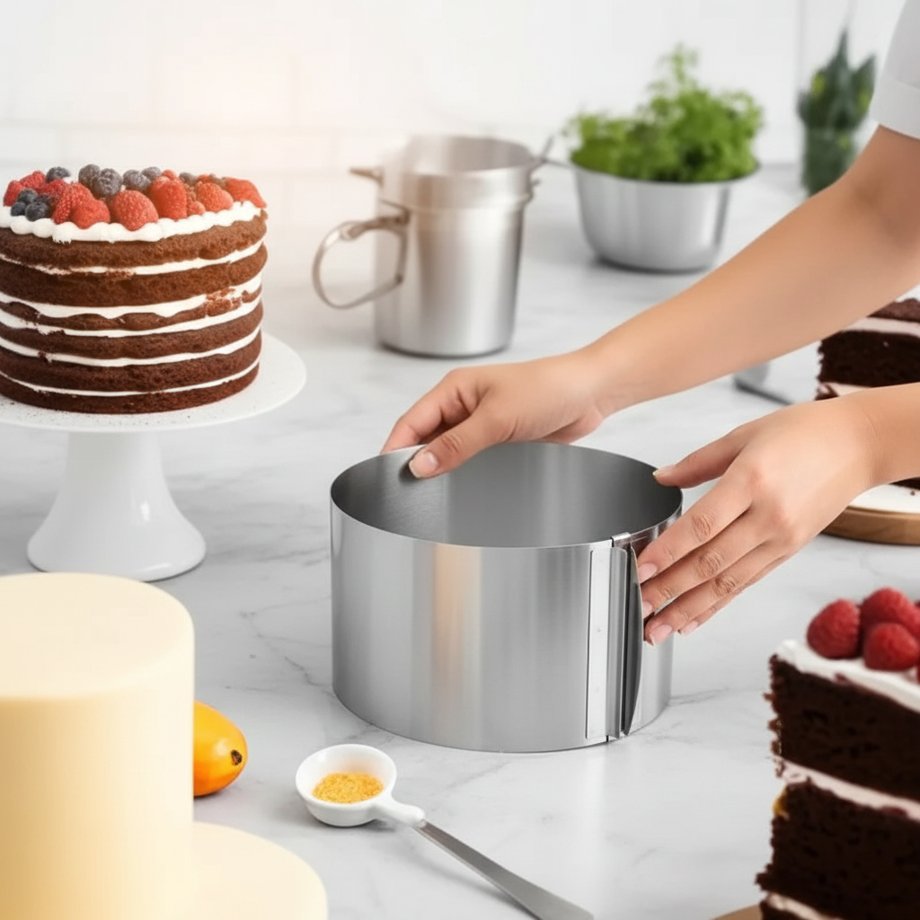 Cercle a patisserie réglable sur plan de travail en marbre