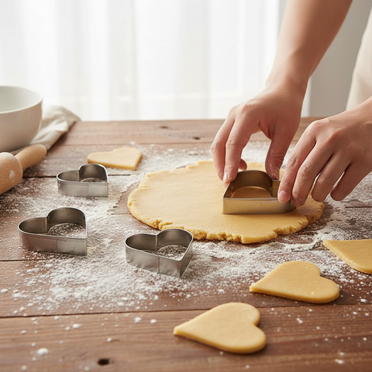 Découpe biscuit avec Emporte pièce cœur sur plan travail fariné