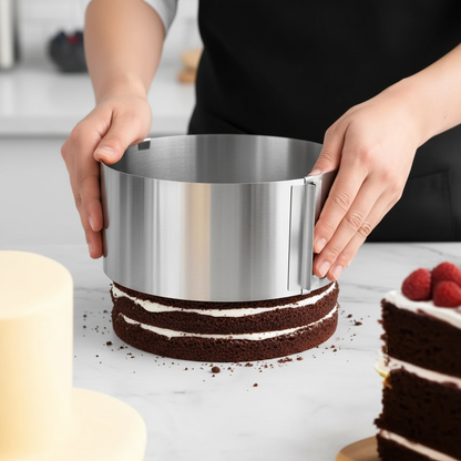 Cercle a patisserie entourant un gâteau au chocolat à étages