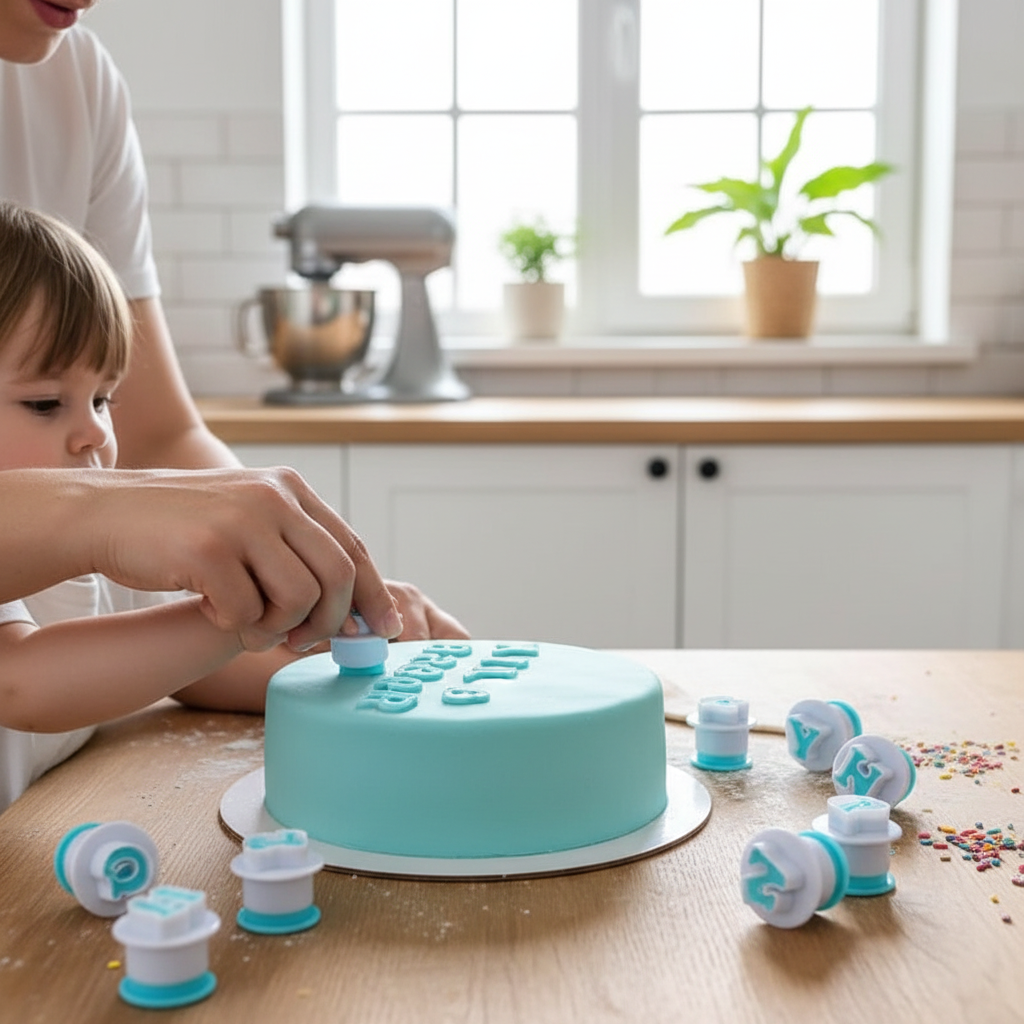 Mère et fils utilisent Emporte piece lettre sur gâteau 
