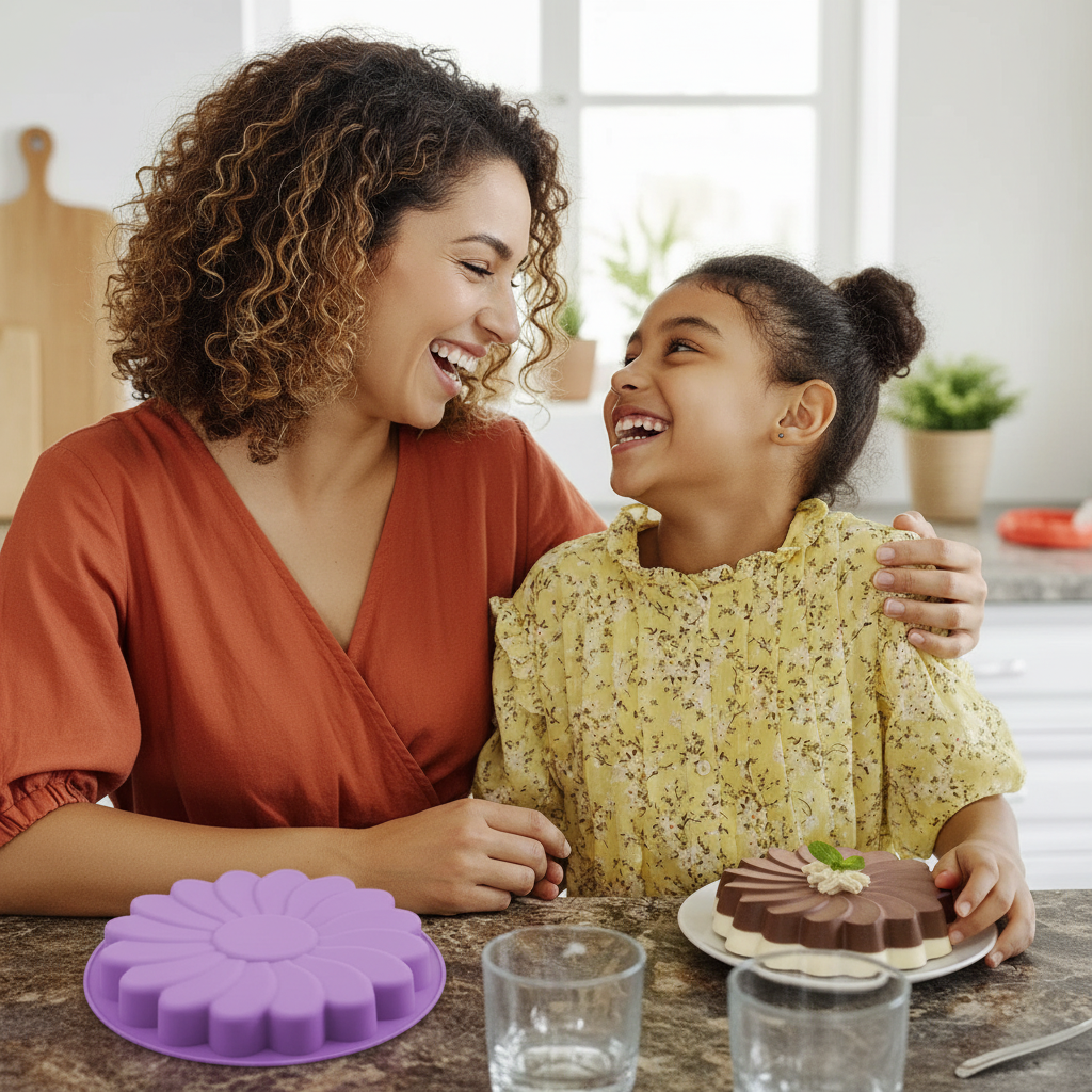 Mère et fille autour gâteau marguerite avec Moule Fleur Silicone