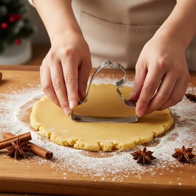 Mains pressant Emporte piece de noel dans pâte biscuit