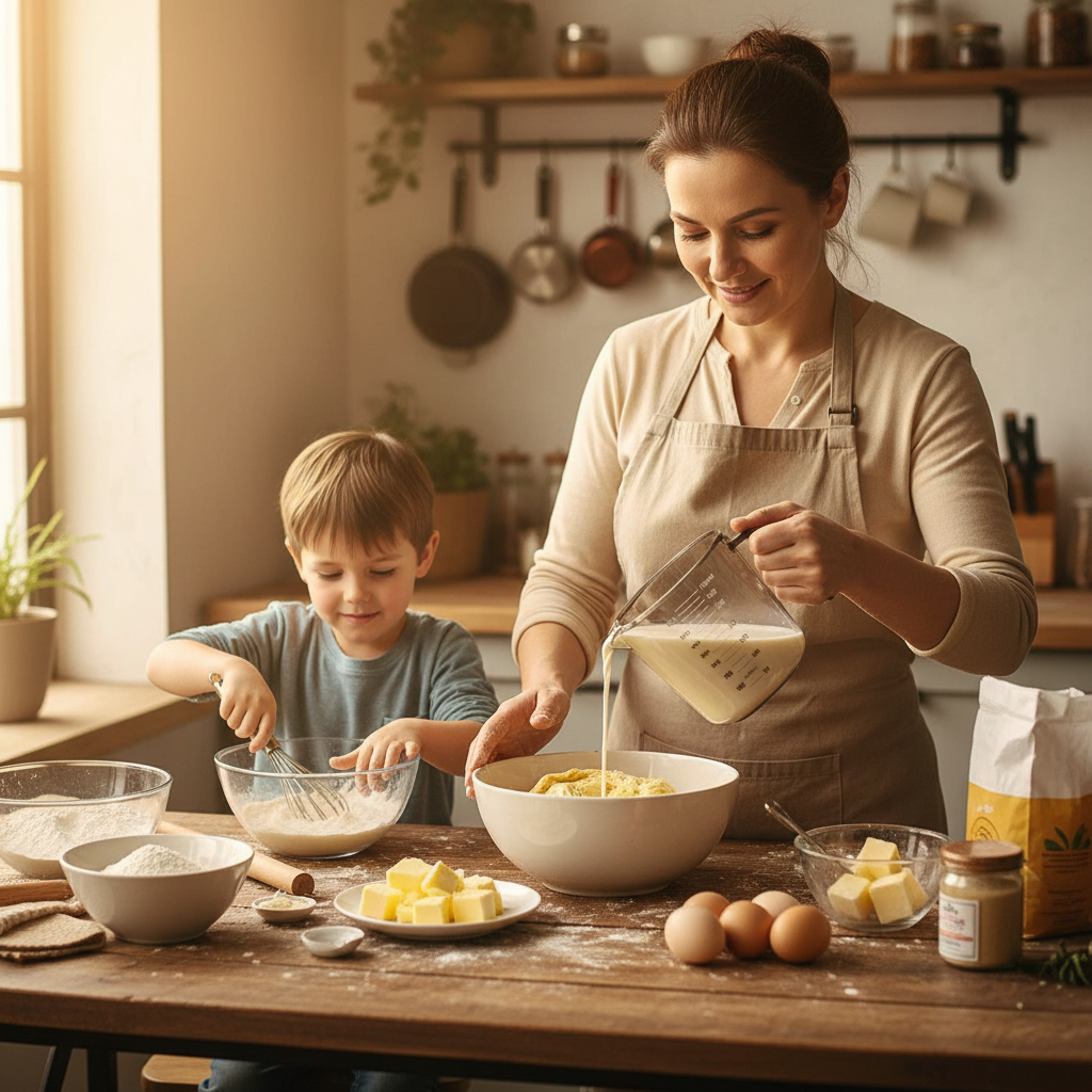 Mère et fils utilisant Verre doseur ml pour préparation gâteau 