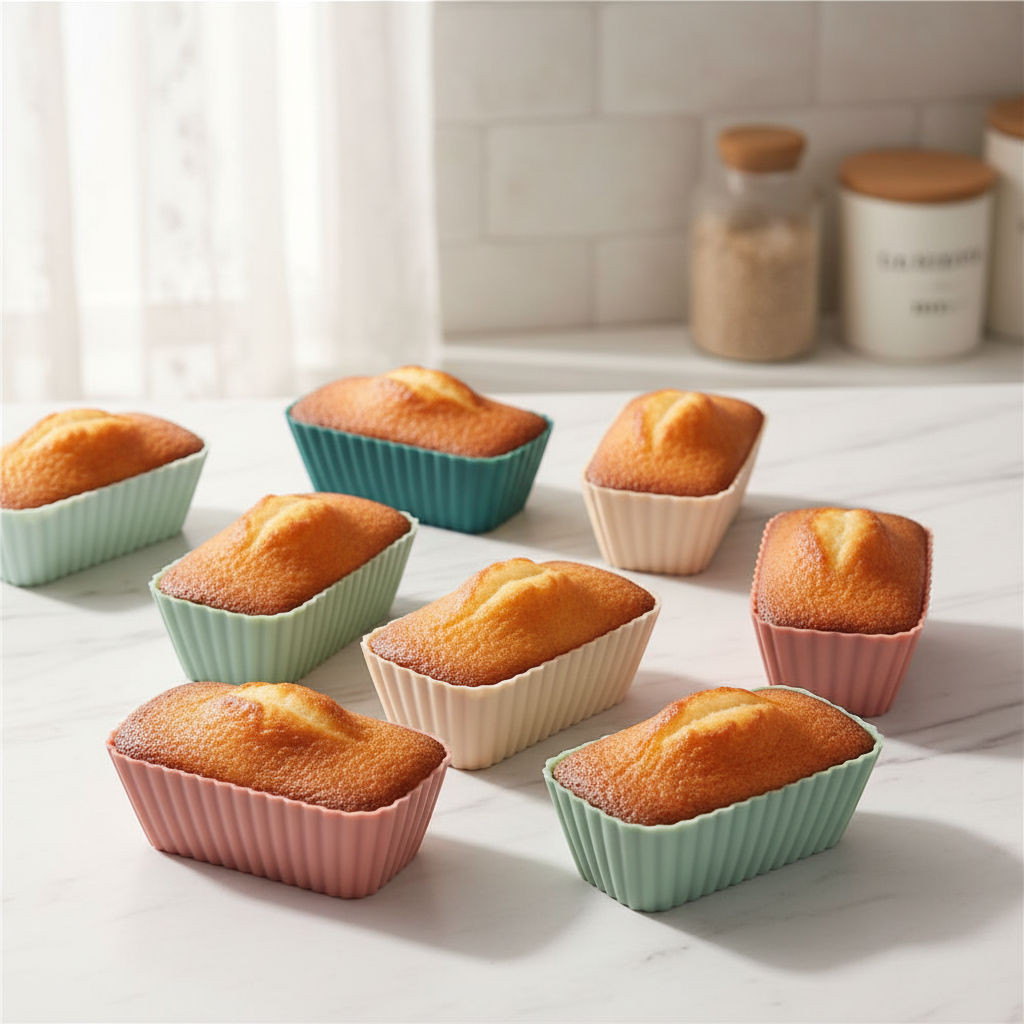 Moule à cupcakes rectangulaire avec financiers dorés sur plan cuisine