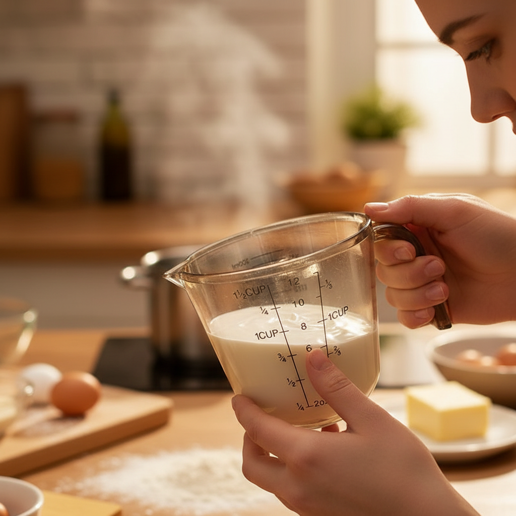 Femme tenant Verre doseur ml dans cuisine