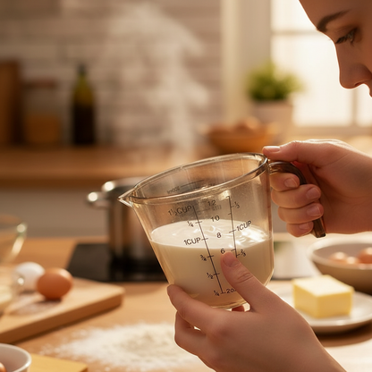 Femme tenant Verre doseur ml dans cuisine