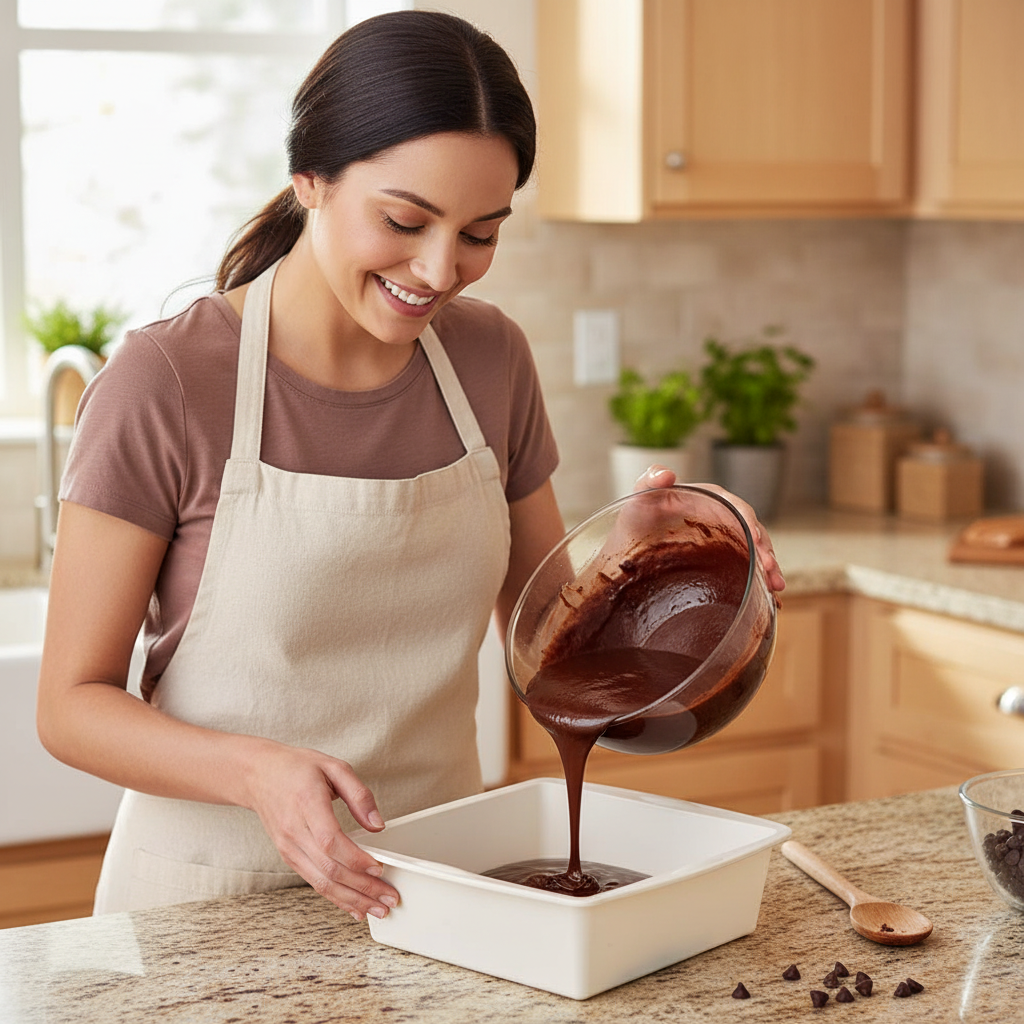 Femme versant pâte brownie dans Moule en Silicone Carré