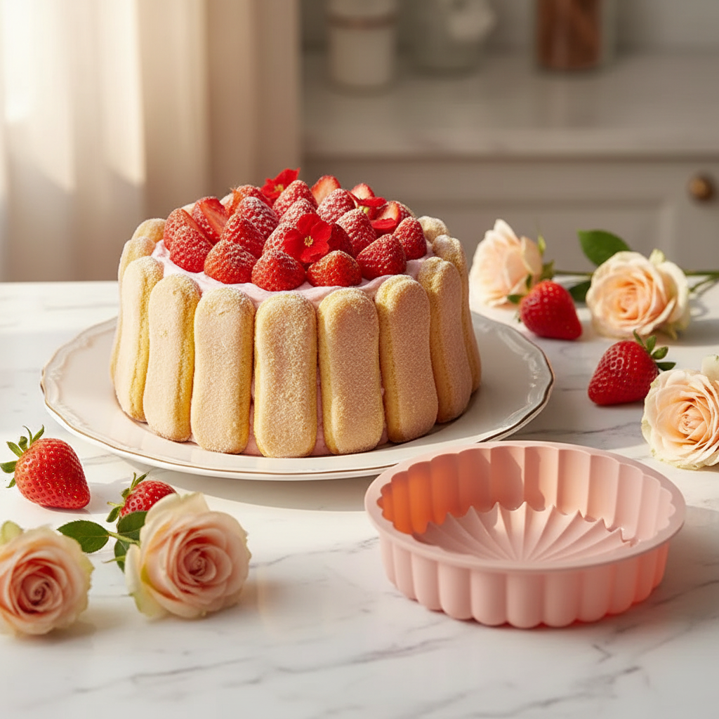 Charlotte aux fraises avec moule charlotte rose pastel sur marbre