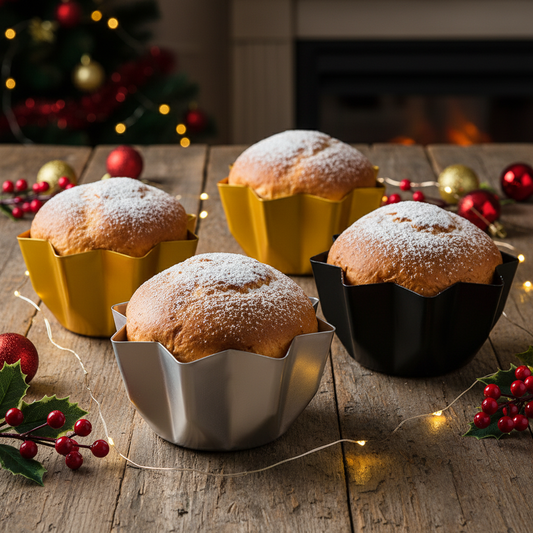 Trois Moule pandoro doré argenté noir sur table décoré noël 