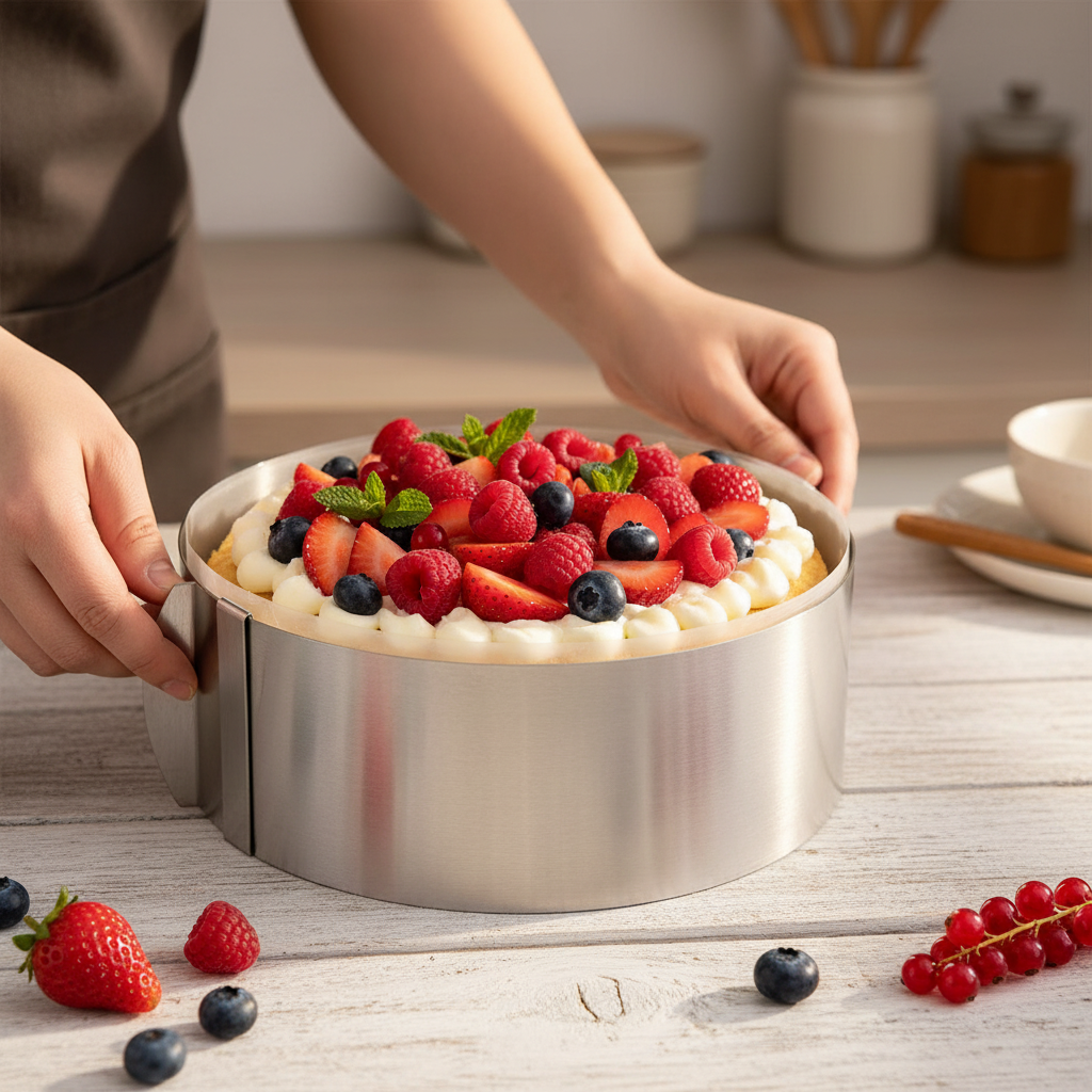 Cercle à patisserie reglable avec entremet fruits rouges dans cuisine