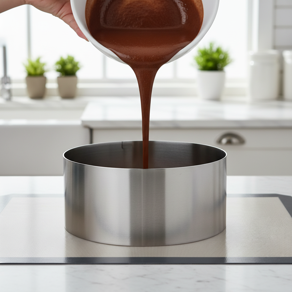 Remplissage coulis chocolat dans Cercle à patisserie reglable
