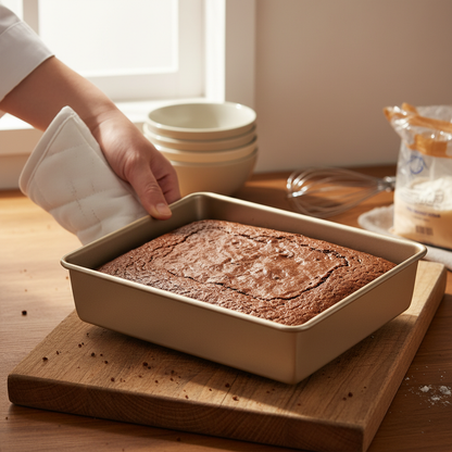 Moule à gâteau rectangulaire sur planche bois dans cuisine 