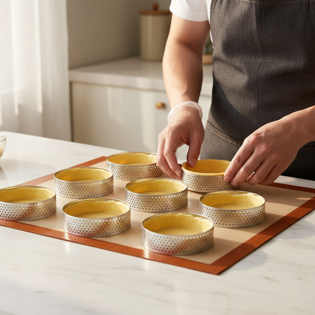 Fonçage pâte dans cercle tarte sur tapis de cuisson