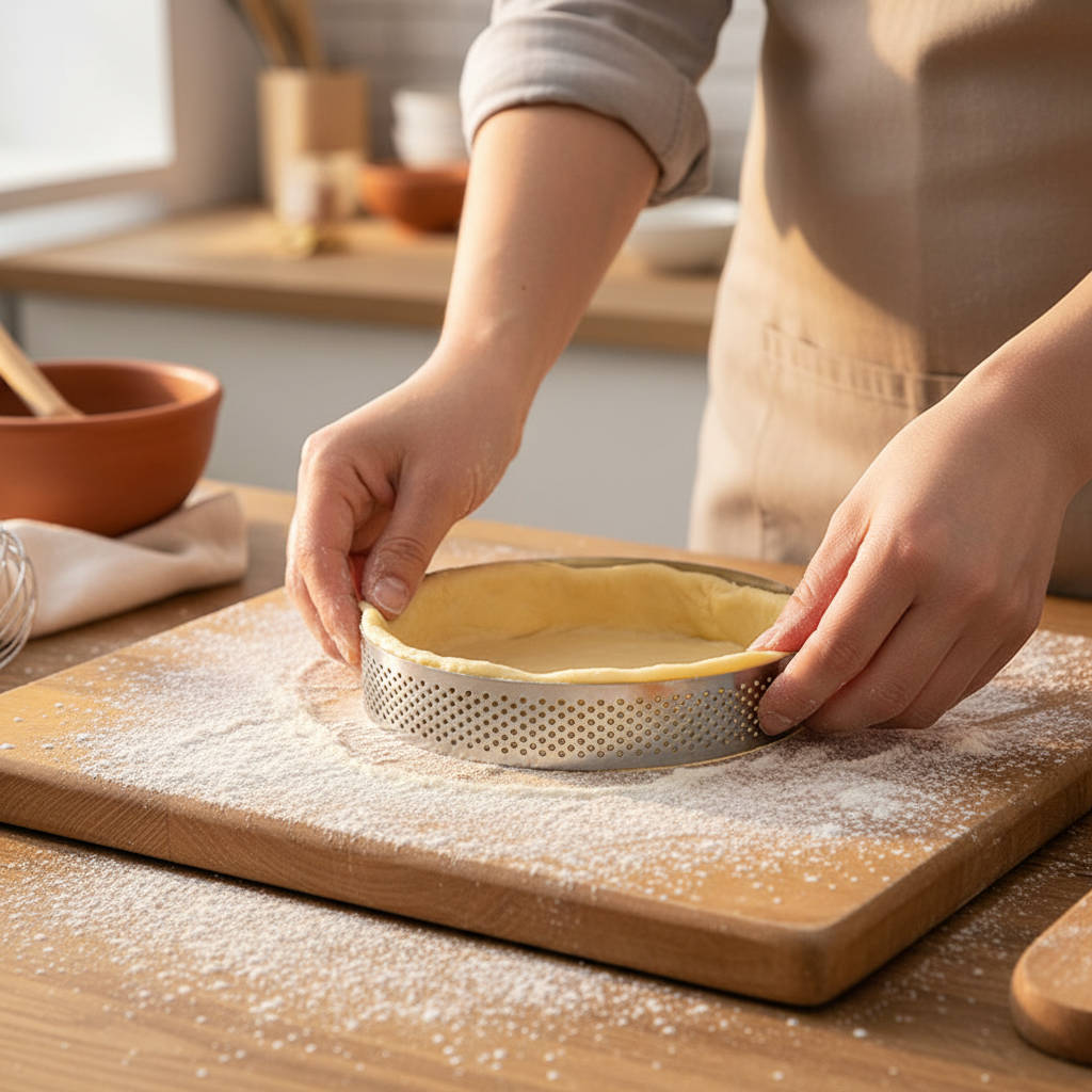 Cercle a tarte perforé sur table travail cuisine
