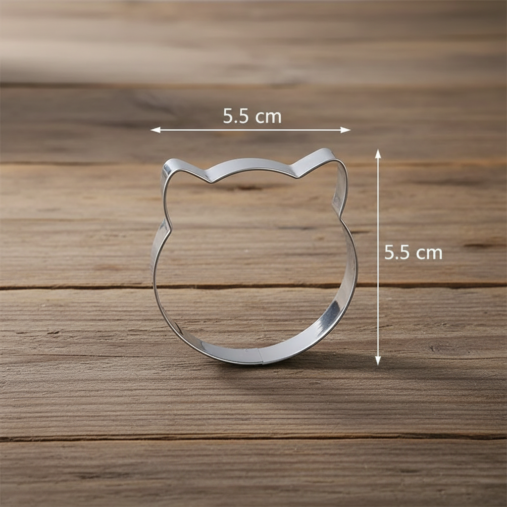 Emporte piece patisserie chat 5,5cm avec dimensions sur table en bois