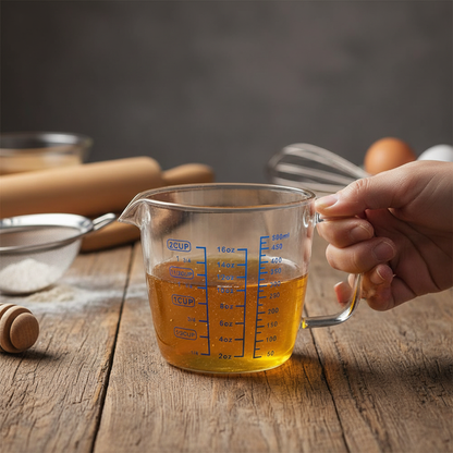 Mains prend Verre doseur en verre remplis huile alimentaire 