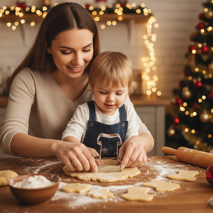 Maman et enfant utilisant Emporte piece pour biscuit noel
