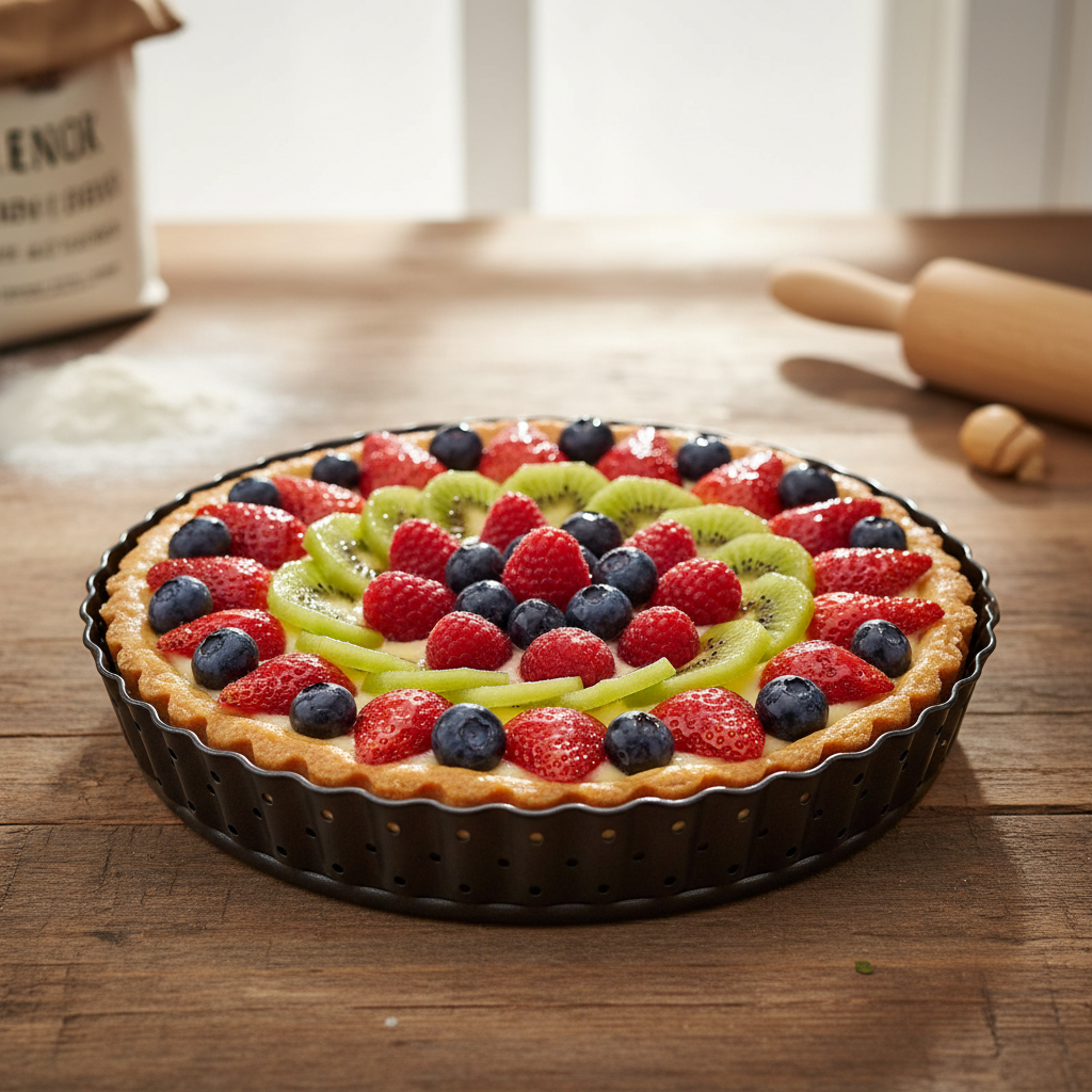 Moule à tarte fond amovible avec tarte aux fruits 