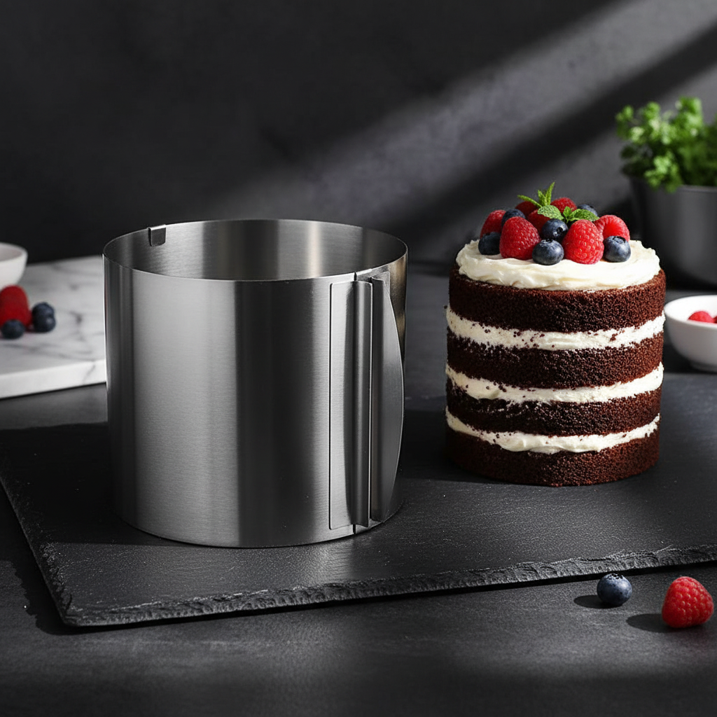 Cercle a patisserie posé à côté d'un gâteau démoulé 