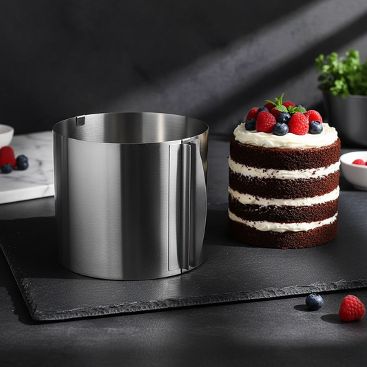 Cercle a patisserie posé à côté d'un gâteau démoulé 