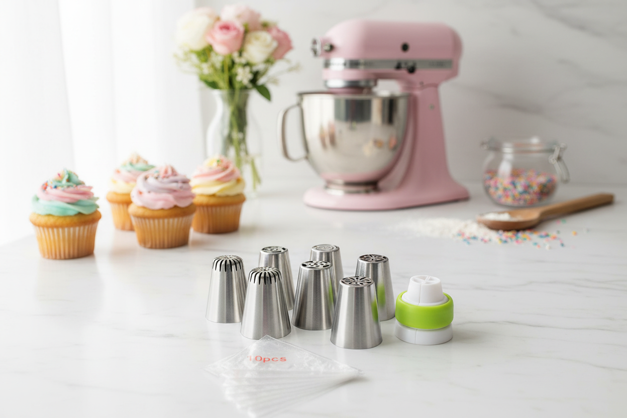 Poche et douille sur table en marbre