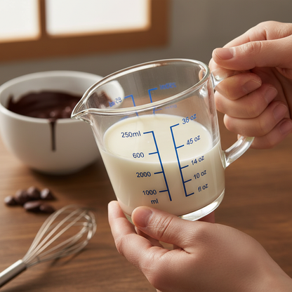 Mains tenant Verre doseur en verre remplis de lait 