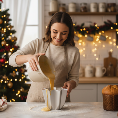Femme verse préparation pandoro dans Moule pour pandoro