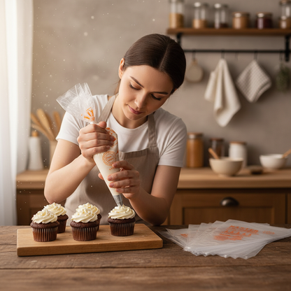Femme décorant cupcake avec poche jetable patisserie dans cuisine cosy