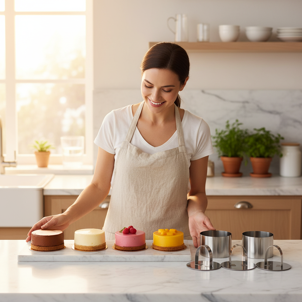 Femme avec Lot 2 Cercle a entremet dans cuisine