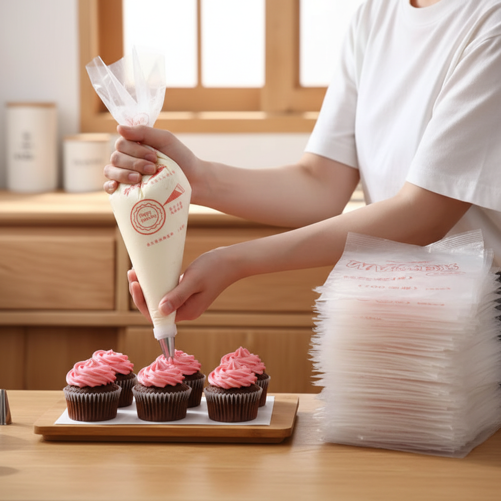 Femme décorant cupcake avec  Poche jetable patisserie