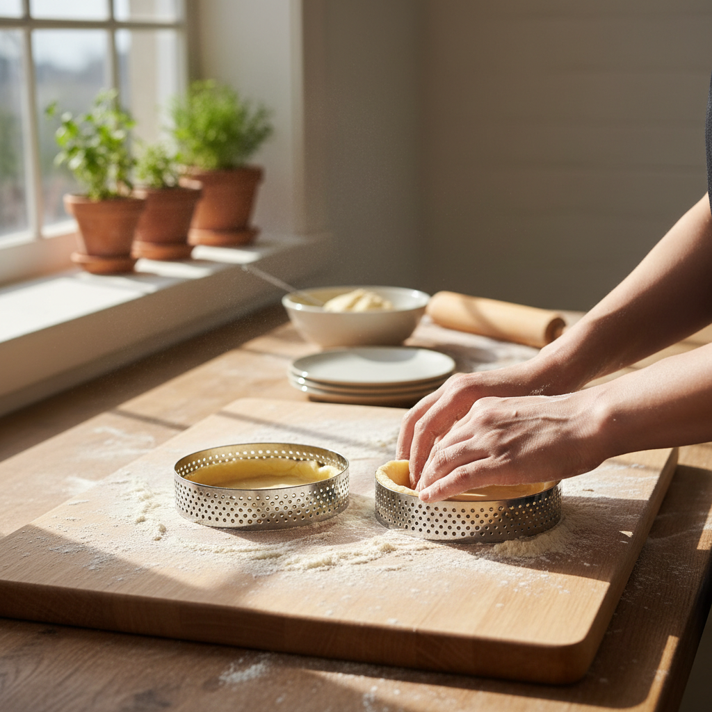 Lot 2 Cercle a tarte perforé sur planche cuisine