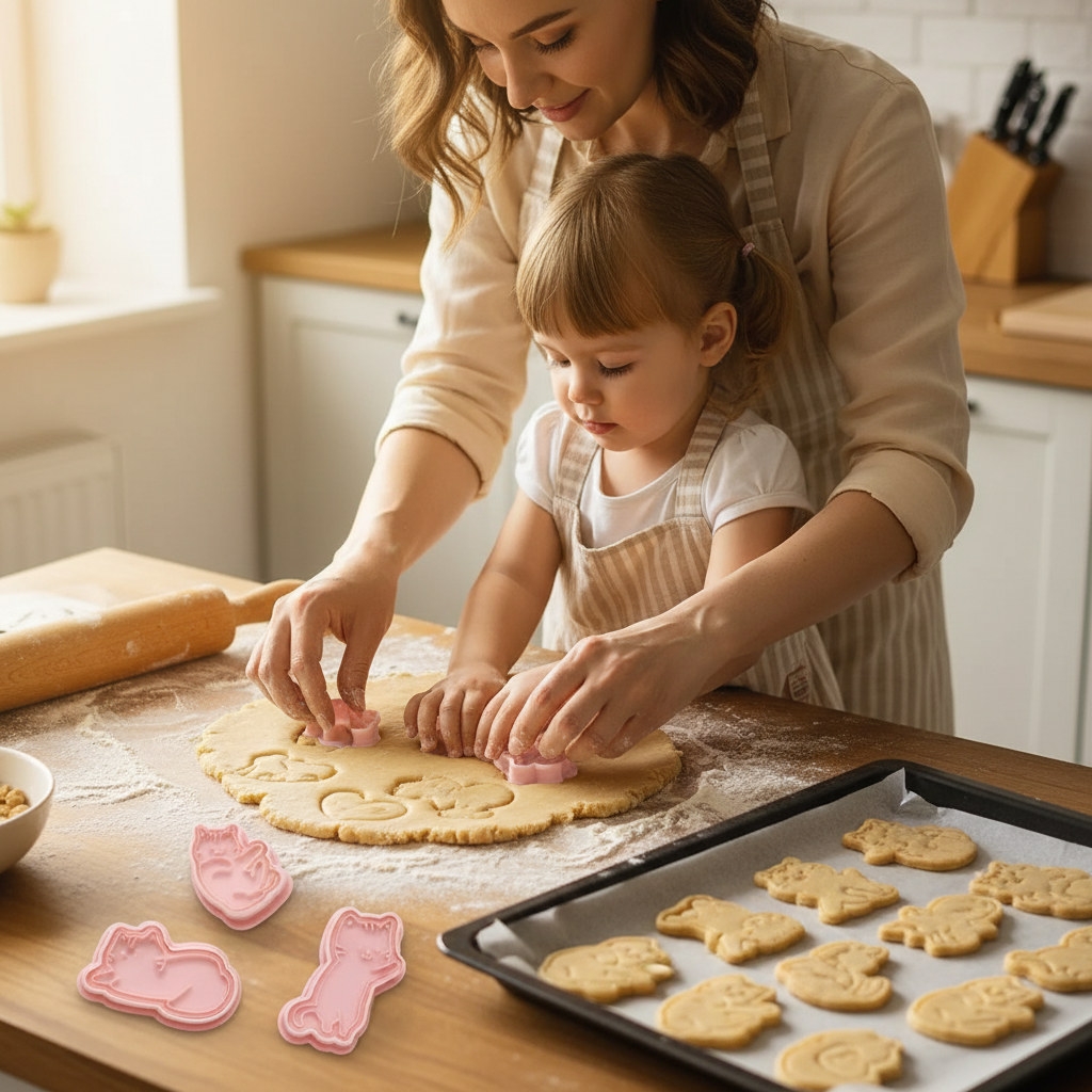 Mère et enfant utilise Emporte piece pour patisserie chats