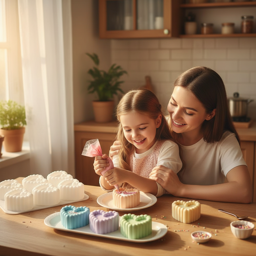 Mère et fille décorant cakes avec Moule Bento Cake