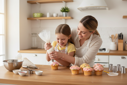 Mère fille utilisant Douilles pâtisseries pour décoration cupcakes