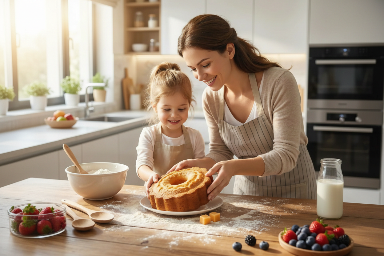Mère et fille démoulant gâteau avec moule silicone bleu - bannière