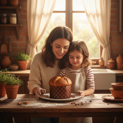 Mère et fille regardant Moule à Panettone avec panettone