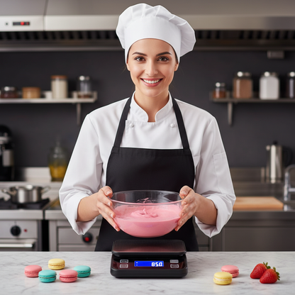 Femme prenant bol avec pâte avec Balance patisserie professionnelle