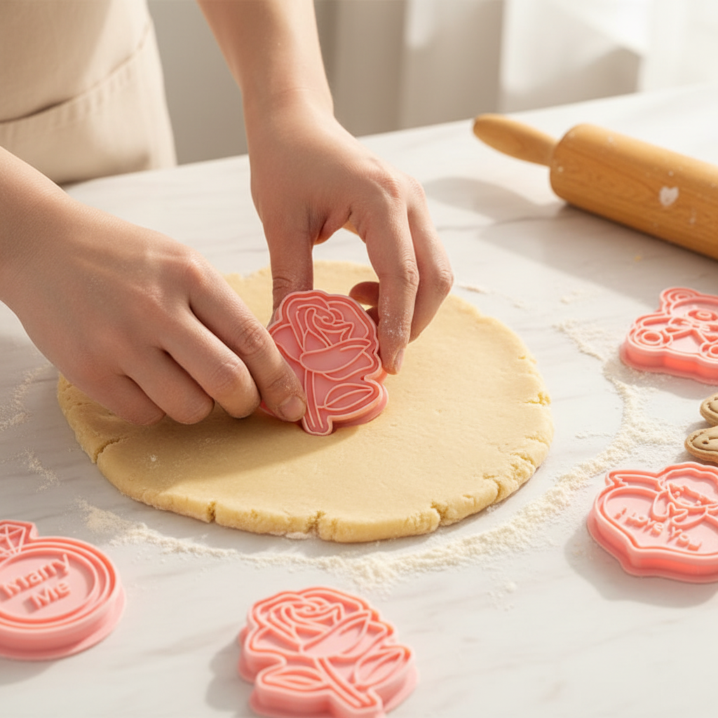 Mains utilisant Emporte piece pour biscuits rose sur pâte sablée