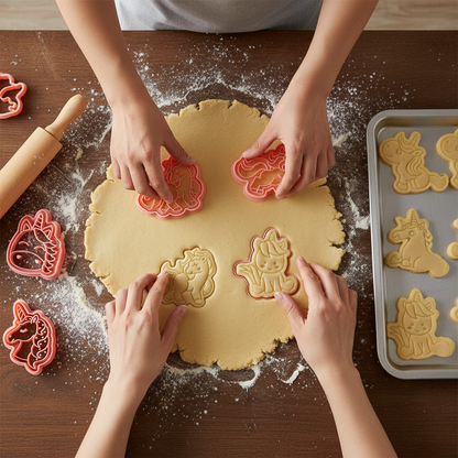 Mains utilisant Emporte piece pour biscuits licorne sur pâte biscuit 