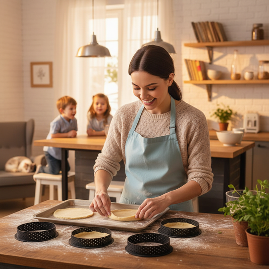 Femme met pâte tarte dans Cercle tarte perforé