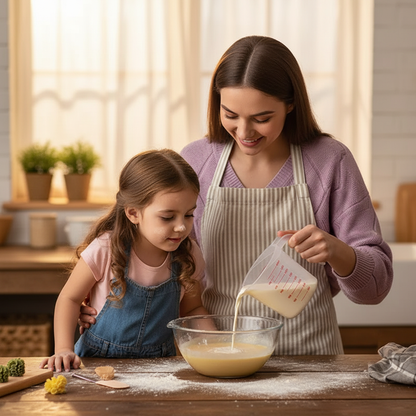 Maman et fille qui pâtissent ensemble avec Verre Doseur