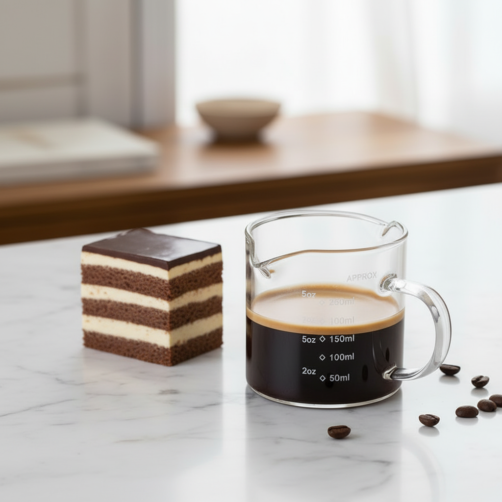 Verre mesureur verre sur table marbre avec opéra chocolat