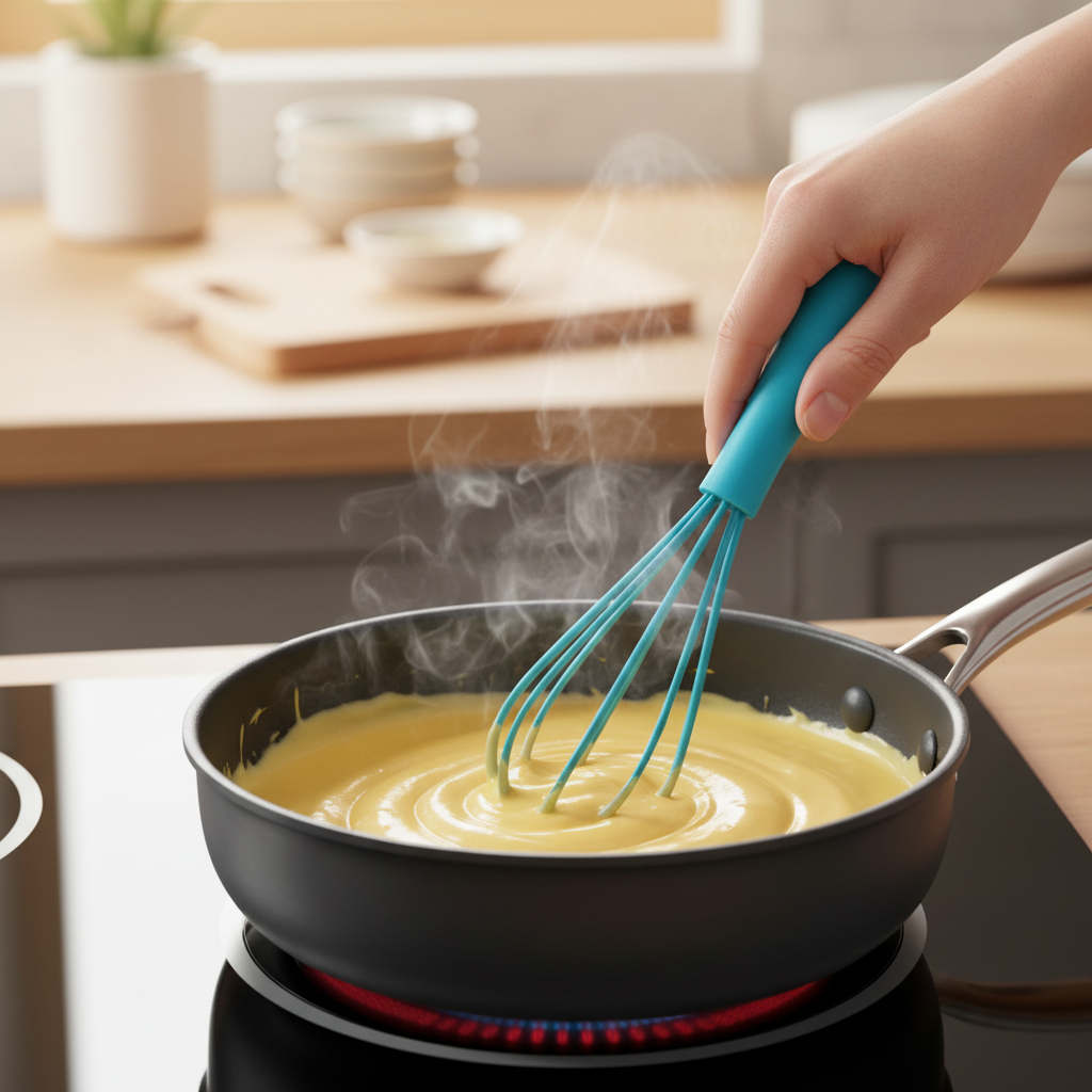 mélange crème avec fouet silicone dans casserole